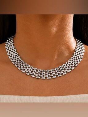 Silver Multi-Layer Statement Necklace | Geometric Chain Choker | Modern